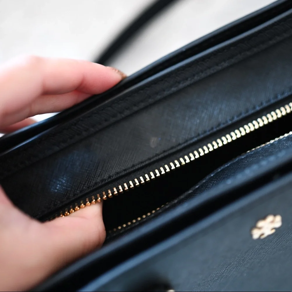Tory Burch Black Saffiano Leather Satchel with Gold Logo